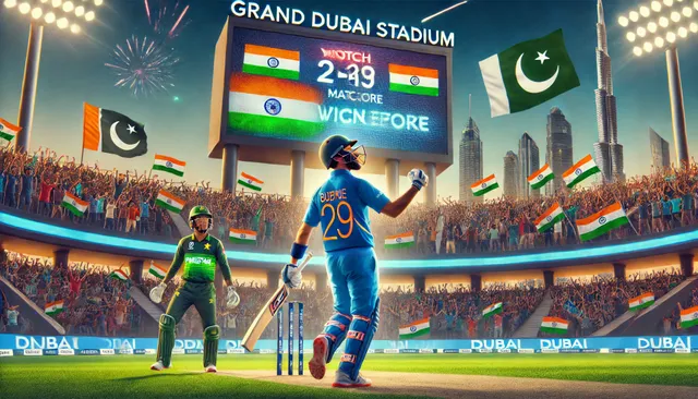 DALL·E 2025-02-24 00.10.42 - An intense cricket match between India and Pakistan at a grand Dubai stadium under bright floodlights. An Indian batsman celebrates hitting a winning .webp