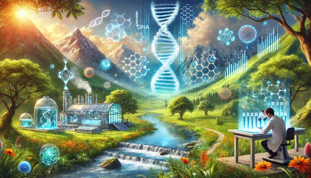 DALL·E 2025-01-10 00.45.18 - A stunning landscape-style illustration depicting modern biology. The scene features a futuristic research laboratory integrated into a vibrant natura.webp