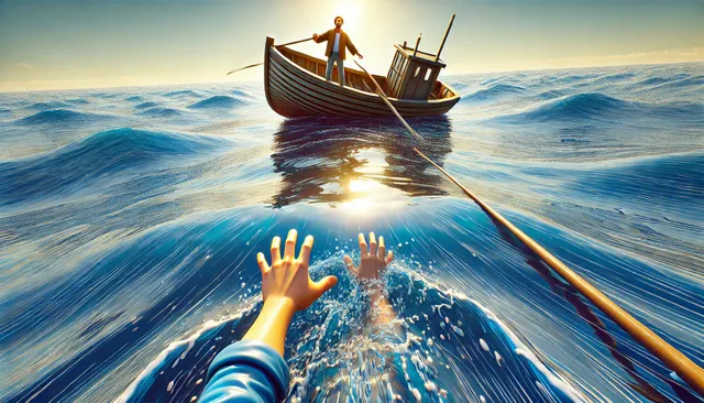 DALL·E 2024-09-19 08.10.14 - A 3D Pixar-style image of a fishing boat heading toward a drowning man. The boat is rowing through the water, creating gentle waves. The sky is clear,.webp