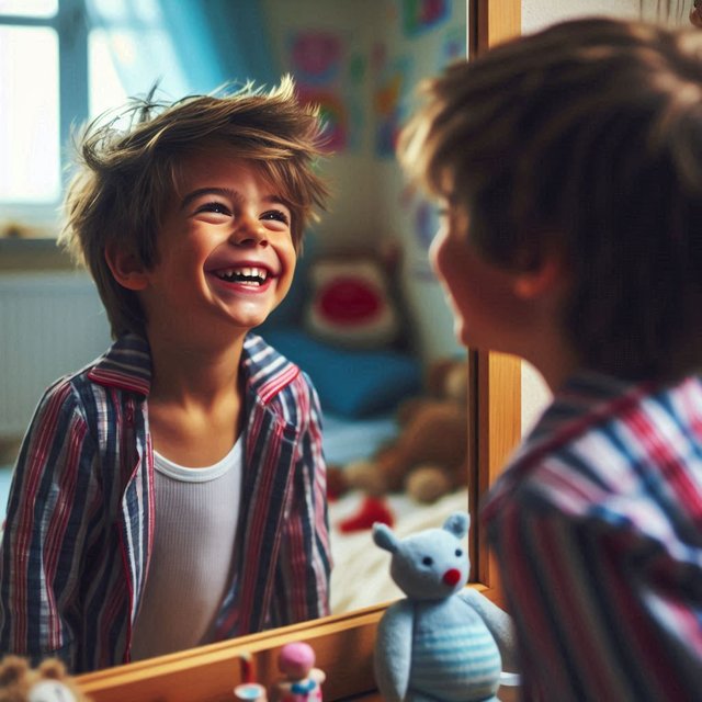 a young boy looking happy in the mirror. png