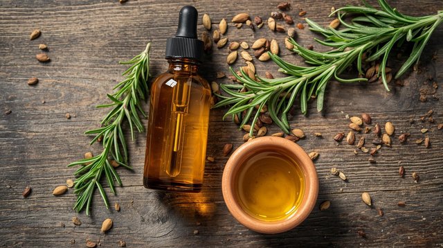 _Flat lay on a wooden table featuring natural ingredients for hair care_ a dark glass dropper bottle filled with golden oil, fresh rosemary sprigs, scattered pumpkin seeds, and a small ceramic bowl of oil. Bright d.jpg