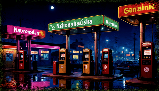 Oversized petrol pumps with dazzling light, surrounded by symbols of consumption..png