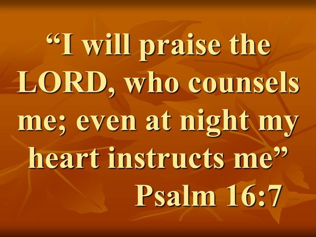 Trust in God. I will praise the LORD, who counsels me; even at night my heart instructs me. Psalm 16,7.jpg