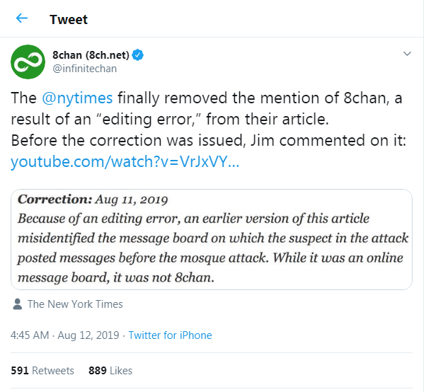 8ch.net twat re correction by fakenews nytimes story Norway shooter posted on 8chan 8 12 2019.png