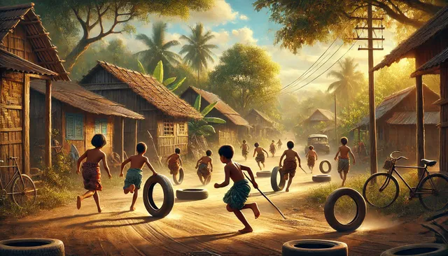 DALL·E 2024-10-31 02.32.06 - A nostalgic scene from the 1990s of children playing the traditional game of tire racing in a rural village setting. The children are running barefoot.webp