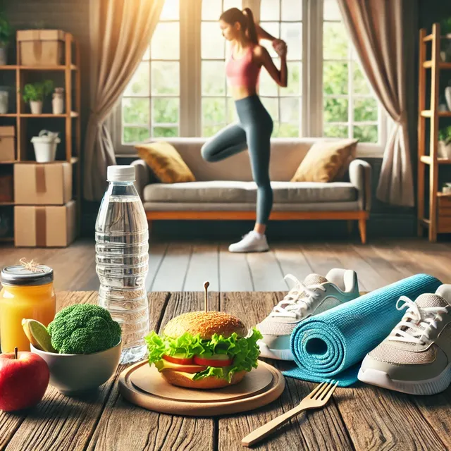 DALL·E 2025-03-05 09.47.00 - A healthy lifestyle concept with a balanced meal, a pair of running shoes, a yoga mat, and a water bottle placed on a wooden table. In the background, 2.webp