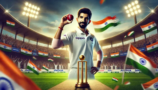 DALL·E 2024-12-30 22.59.36 - An inspiring and celebratory image showcasing Jasprit Bumrah as the top bowler in the International Test Cricket Council rankings. The scene features .webp