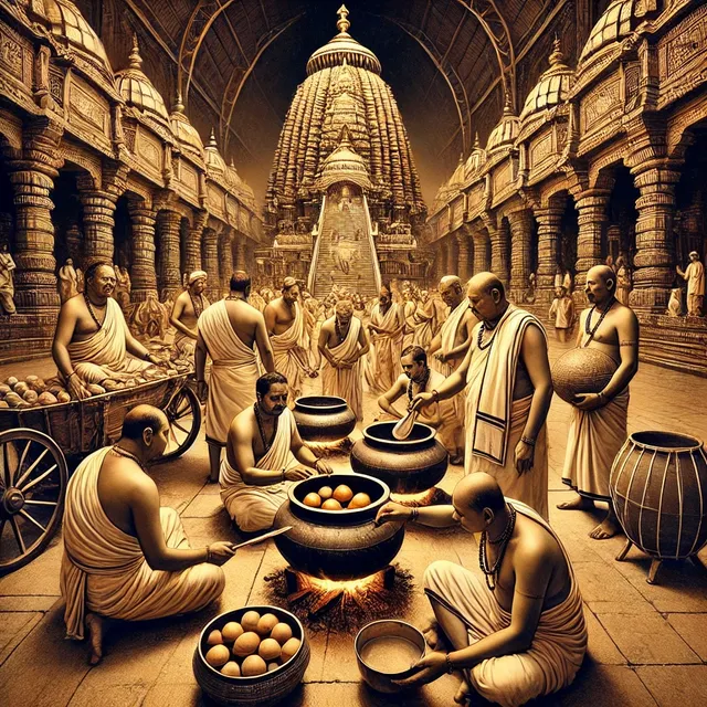 DALL·E 2024-10-16 13.35.13 - A scene from the Puri Jagannath temple, Odisha, depicting ancient priests preparing a traditional version of Rasgulla (known as Khirmohana) as part of.webp