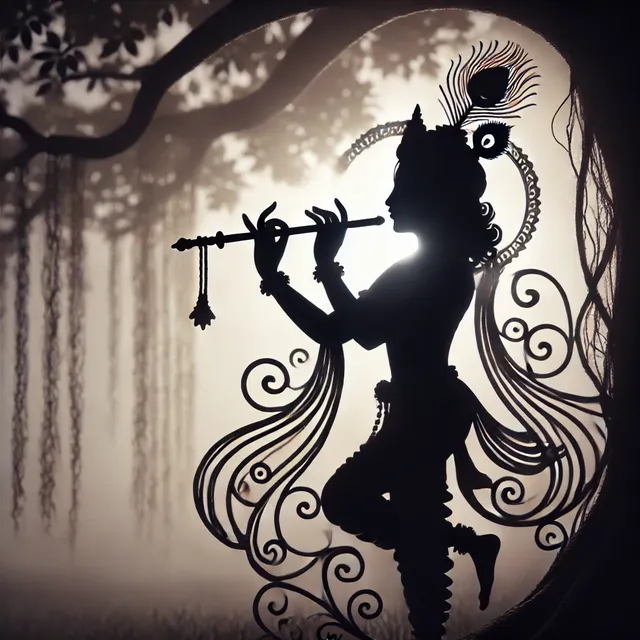 DALL·E 2024-09-16 15.14.15 - A shadowy silhouette of Lord Krishna playing his divine flute, standing gracefully under a banyan tree. His outline is ethereal, with a barely visible.webp