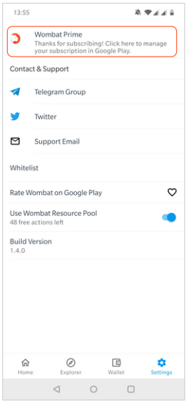 Wombat Settings Screen