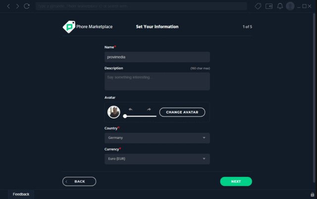Шаг 2: Придумайте имя пользователя и описание для вашего профиля Phore Marketplace