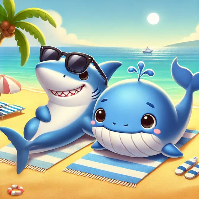 A cute shark and a cute whale relaxing on the beach, sunbathing together. The shark has a friendly, playful expression with a big smile, while the wha.webp