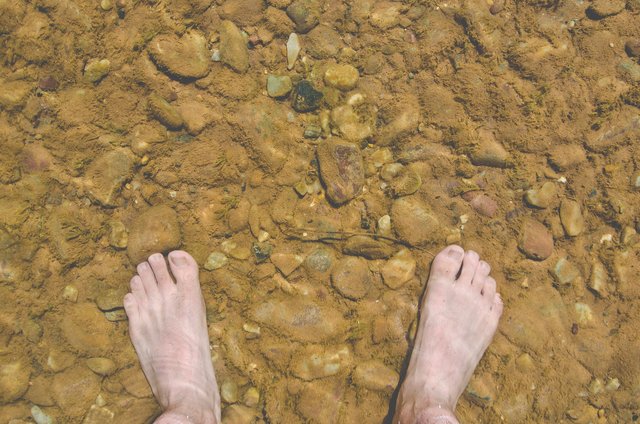 Feet under the dirty green river.JPG