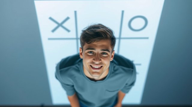 A 20-year-old man smiles, watching a Tic-Tac-Toe game projected on a large screen, overhead bird's eye view, distinct split, divided sections, bold areas, top-down perspective (1).jpg