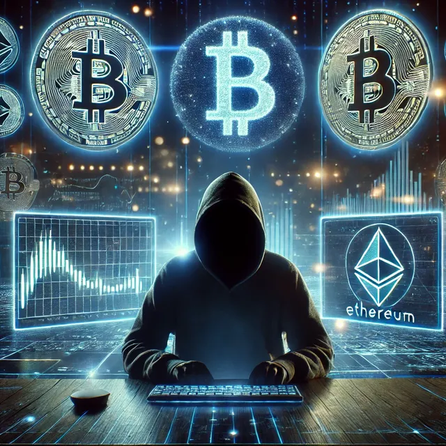 DALL·E 2025-02-20 14.44.45 - A mysterious and futuristic digital landscape, depicting the world of cryptocurrency. A shadowy figure sits in front of multiple glowing screens showi.webp