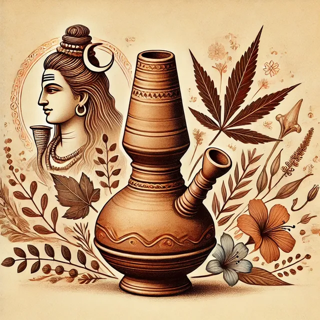 DALL·E 2024-07-22 05.47.29 - A detailed illustration of a small, cone-shaped mud bong (chillum) used by Shiva devotees. The bong is made of clay with simple but elegant designs. I.webp