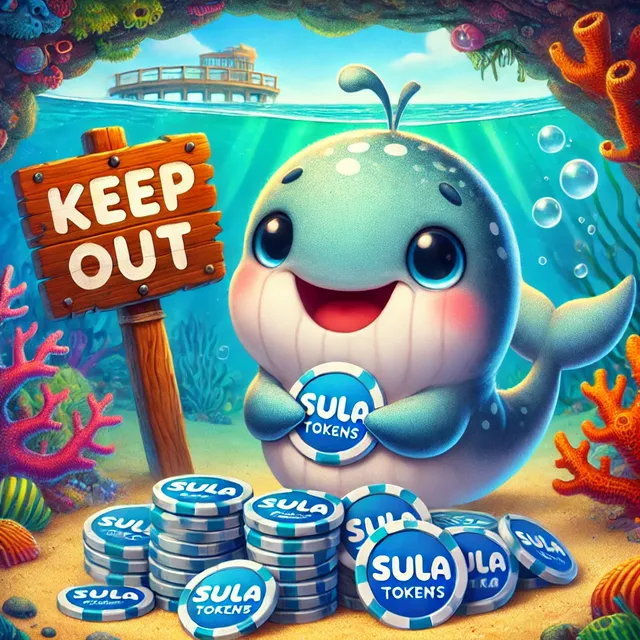 DALL·E 2024-12-16 11.03.41 - A cute and playful SULA baby whale character featured in a comical setting under a coral reef, hoarding SULA tokens. The reef includes a wooden _Keep .webp