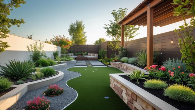 A modern backyard with clean, low-maintenance landscaping—artificial turf, gravel pathways, native California plants, and raised garden beds. Include features like a shaded seating area, drip irrigation system, and.jpg