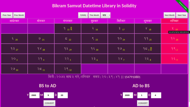 Bikram Samvat Datetime Library in Ethereum/Solidity