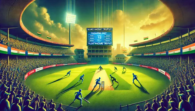 DALL·E 2025-01-07 01.57.42 - A dynamic and visually striking illustration of a cricket match taking place between Madhya Pradesh and Haryana for the Vijay Hazare Trophy. The image.webp