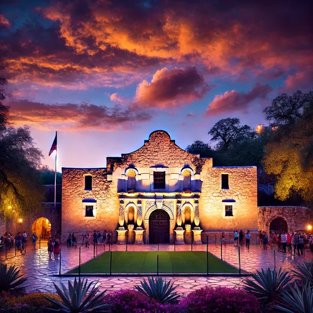 DALL·E 2024-12-26 09.04.56 - A dramatic view of the Alamo in San Antonio, Texas, at dusk, featuring its iconic mission-style façade illuminated by warm lighting. The surrounding p.webp