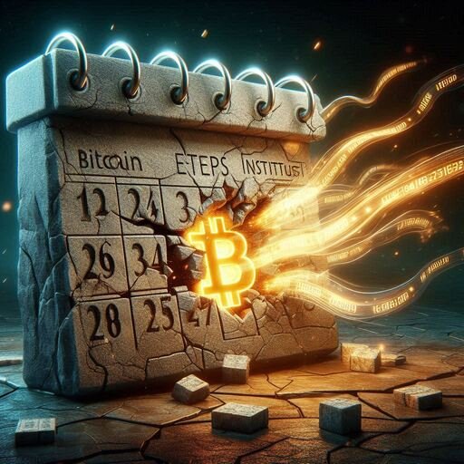 A dramatic digital artwork showing a stone calendar representing the Bitcoin 4-year cycle. The calen.jpeg