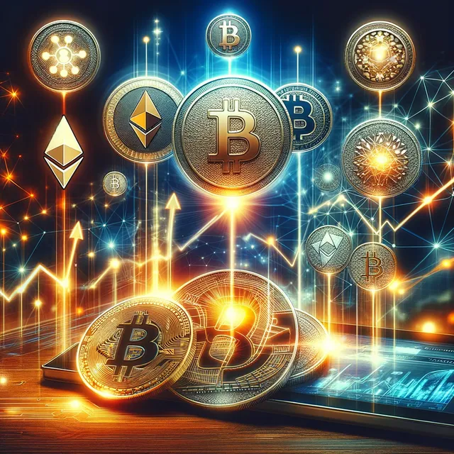 DALL·E 2024-06-13 21.43.25 - A dynamic and futuristic digital artwork showcasing the concept of cryptocurrency. The image should include various symbols of popular cryptocurrencie.webp