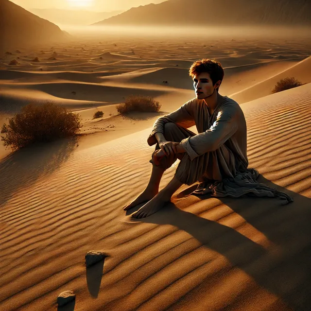 DALL·E 2024-12-22 14.40.30 - An exceptionally ultra-realistic image of a solitary person sitting in a vast, arid desert during golden hour. The lighting is warm and natural, casti.webp