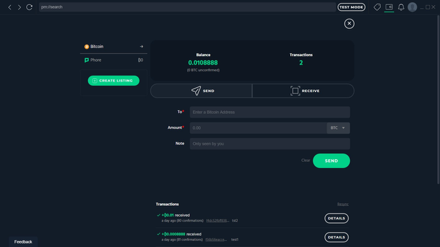 A (Testnet) Phore Marketplace wallet showing completed Bitcoin transactions.