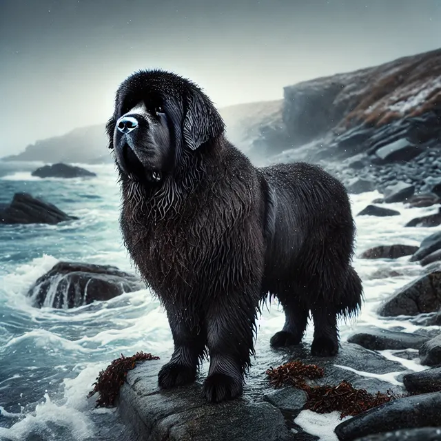 DALL·E 2024-09-04 15.56.19 - A Newfoundland dog standing on the edge of a cold, rocky coastline with waves gently crashing against the rocks. The dog’s thick, waterproof double co.webp