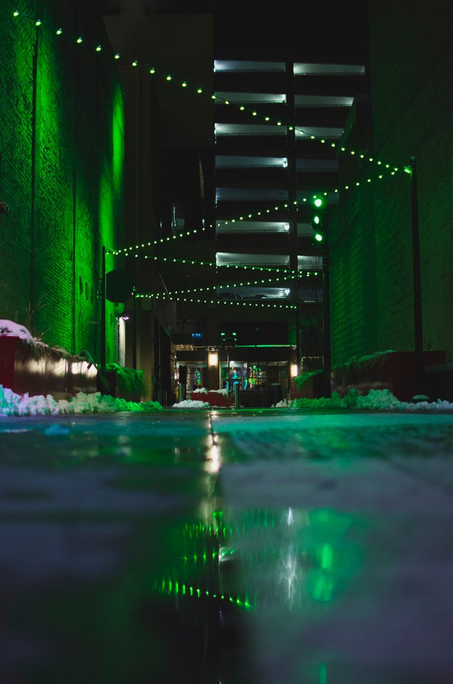 The green glowing lights in the wet alley.JPG