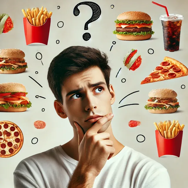 DALL·E 2025-02-26 08.11.01 - A person deep in thought, wondering whether fast food is good for health or not. The person has a thoughtful expression, with a question mark above th.webp