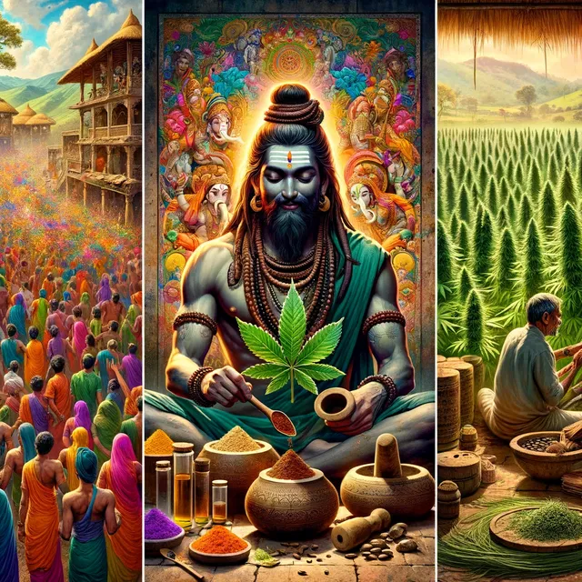 DALL·E 2024-03-30 15.51.56 - Create three distinct images that capture the multifaceted significance of hemp in the Indian subcontinent. Image 1_ A vibrant, colorful scene of the .webp