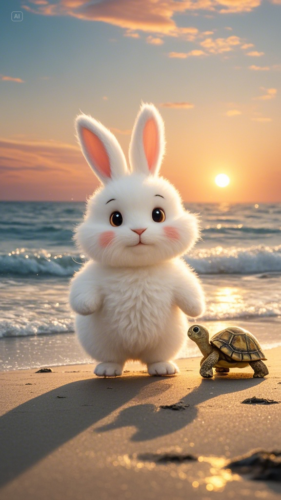 A fluffy white bunny with a small turtle companion, both looking happy as they walk along a serene b... (2).png
