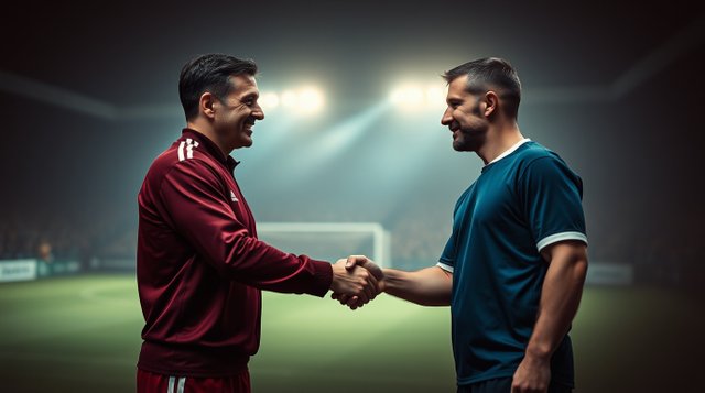 Unusual original fine art photography, warm slight dark soft professional style, rich burgundy and deep blue tones, two soccer captains shaking hands before a seven-a-side match, sophisti.jpg