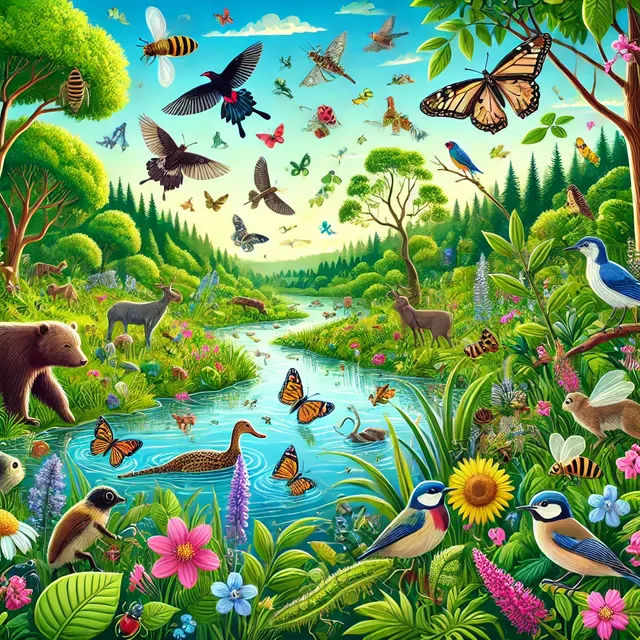 DALL·E 2024-09-25 04.20.51 - A vibrant illustration representing biodiversity. The scene includes various species of animals, birds, insects, and plants in a lush green forest. Th.webp