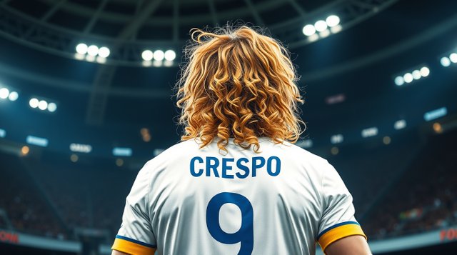 Epic amazing lens glow lighting on a modern future grand epic scene depicting intense dramatic lighting. A soccer player with long curly blond hair, seen from behind during an indoor seve.jpg