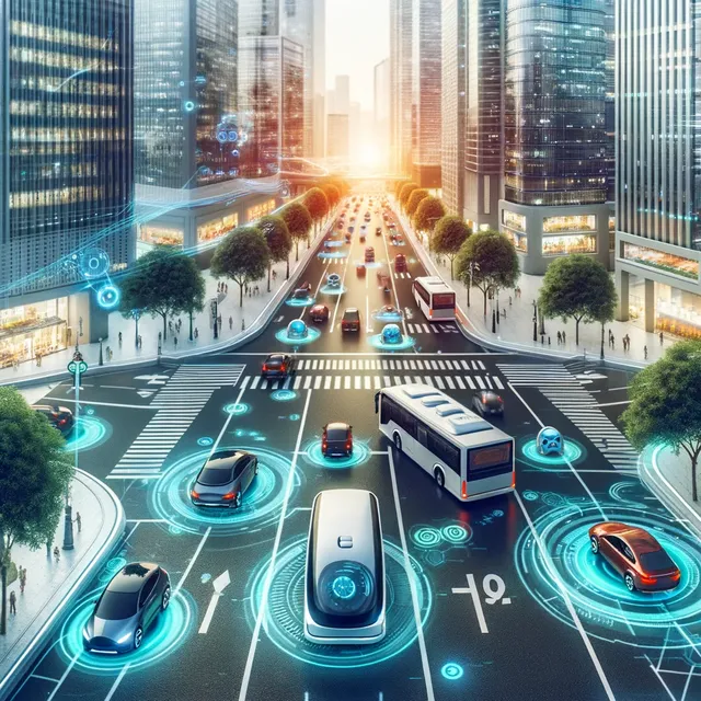 DALL·E 2024-03-25 14.28.58 - A futuristic city scene showcasing autonomous vehicles navigating seamlessly through smartly managed traffic lanes, with a mix of cars and buses that .webp