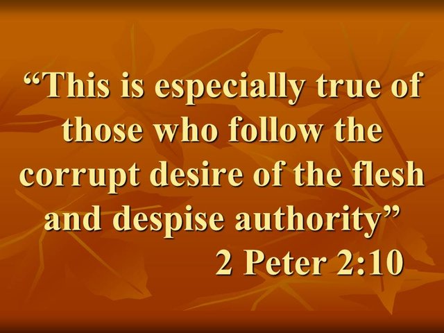 Adversity pursues sinners. This is especially true of those who follow the corrupt desire of the flesh and despise authority. 2 Peter 2,10.jpg