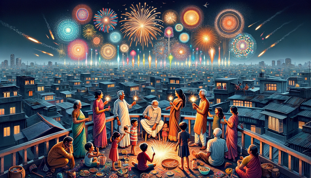 DALL·E 2023-12-28 19.30.00 - A panoramic view of Kolkata's night sky during a festival, with vibrant fireworks bursting in various colors. The scene includes a diverse family gath.png