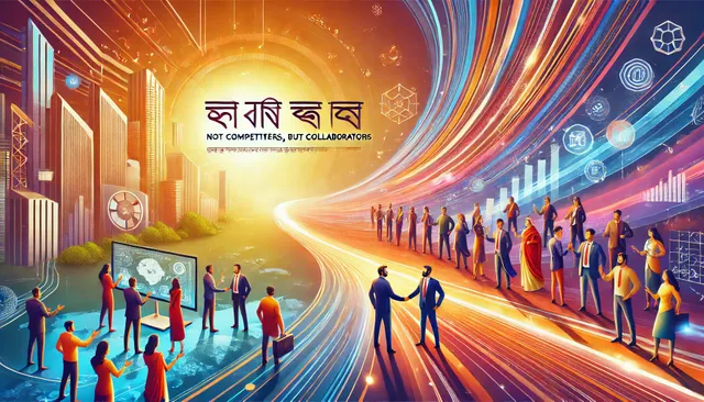 DALL·E 2025-03-13 15.56.27 - A vibrant and inspiring banner with the theme 'প্রতিদ্বন্দ্বী নয়, সহযোগী' (Not Competitors, but Collaborators). The image features a futuristic citys.webp