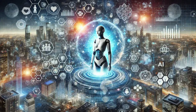 DALL·E 2024-12-24 16.03.46 - A futuristic concept art illustrating artificial intelligence transforming the world. The scene includes a glowing humanoid AI figure surrounded by ho.webp