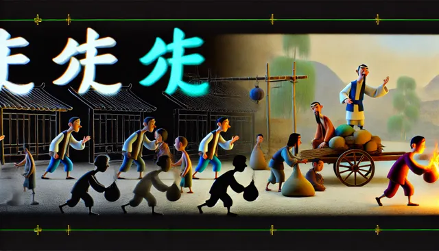 DALL·E 2024-09-06 13.03.24 - A highly detailed 3D image in Pixar animation style, set in ancient China. The scene shows flashbacks of Li Zixuan performing various acts of charity_.webp