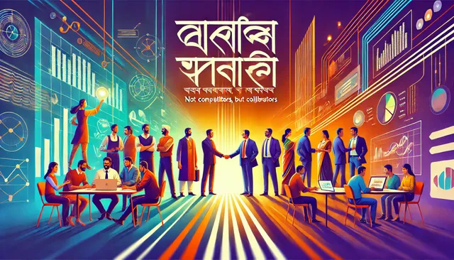 DALL·E 2025-03-13 15.56.13 - A motivational and inspiring banner with the theme 'প্রতিদ্বন্দ্বী নয়, সহযোগী' (Not Competitors, but Collaborators). The image showcases a diverse gr.webp