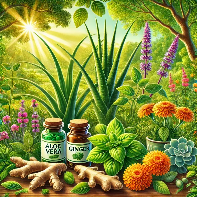 DALL·E 2024-12-18 23.41.35 - A vibrant and eye-catching illustration featuring an array of medicinal plants displayed in a beautiful natural setting. Highlights include aloe vera .webp