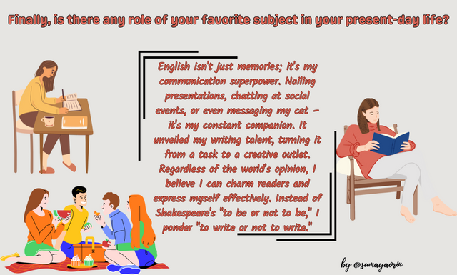 English isn't just memories; it's my communication superpower. Nailing presentations, chatting at social events, or even messaging my cat – it's my constant companion. It unveiled my writing talen.png