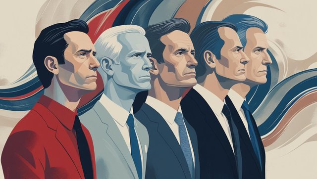 Figuras estilizadas representando socialismo, social-democracia, liberalismo e conservadorismo, lado a lado, com cores distintas (vermelho, azul, cinza), em fundo abstrato político. Estilo moderno, expressões sérias, sem texto..jpg