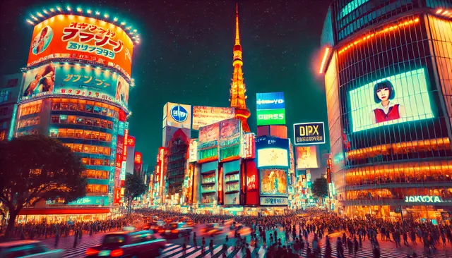 DALL·E 2024-12-30 09.43.23 - A vibrant night scene in Tokyo, showcasing the bustling Shibuya Crossing filled with streams of people moving under glowing neon signs, towering billb.webp