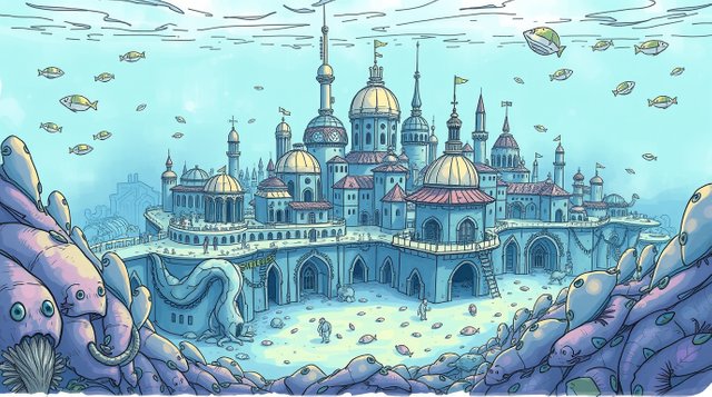 A color sketchnote style illustration of an underwater city inhabited by snorkies, with an iridescent color palette and hand-drawn sketch details.jpg