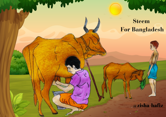 Drawing of a village shepherd boy milking a cow by @zisha-hafiz.png